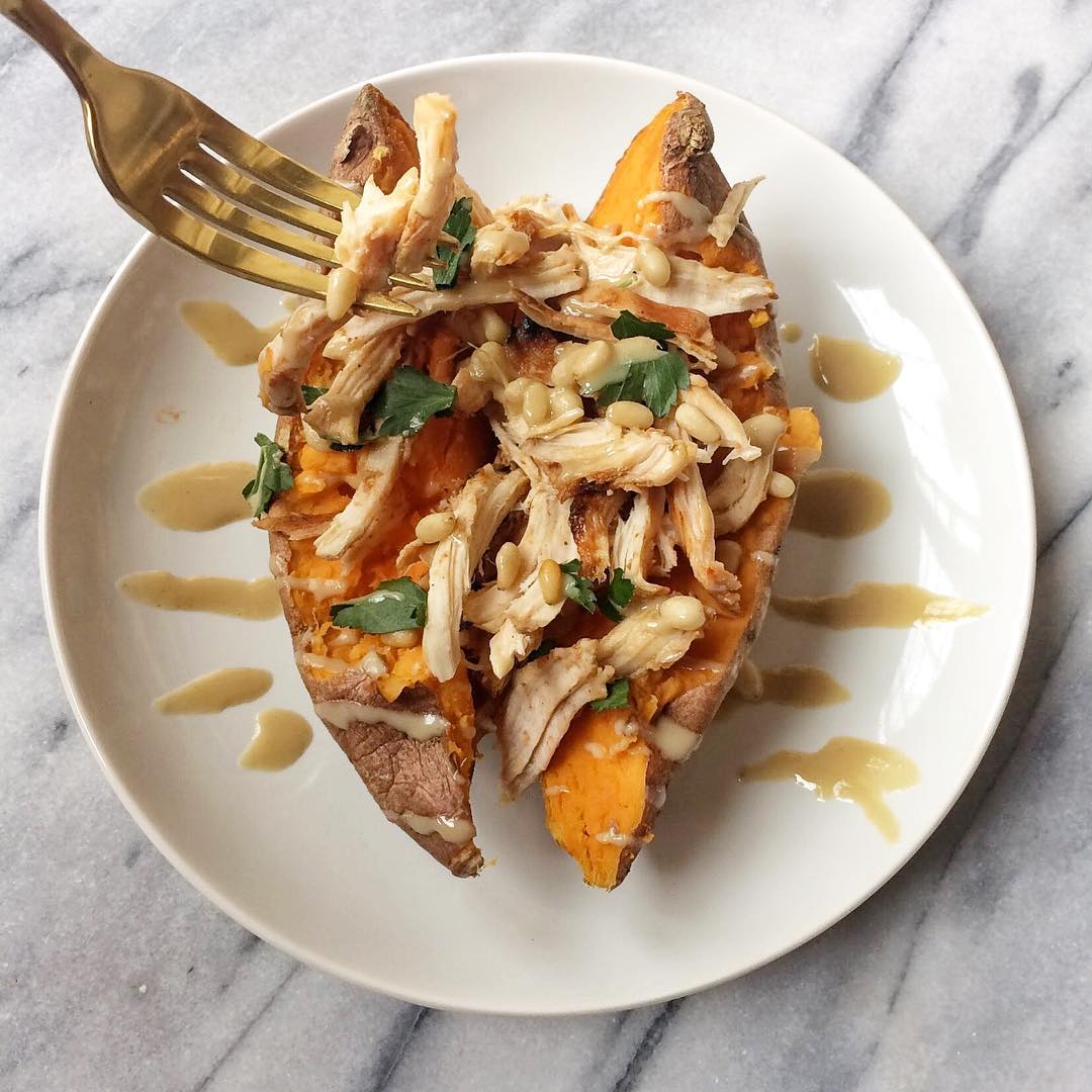 Tahini Pine Nut Chicken + Sweet Potatoes