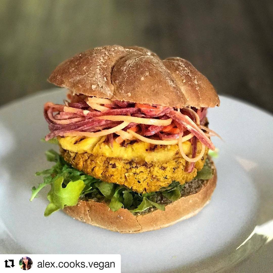 Curried Chickpea Sweet Potato Burger with Grilled Pineapple and Three Carrot Slaw