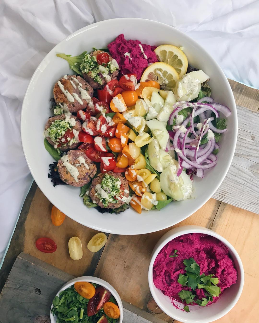 Purple Sweet Potato Falafel Rainbow Salad + Raw Cauliflower Tabouleh & Beetroot Hummus