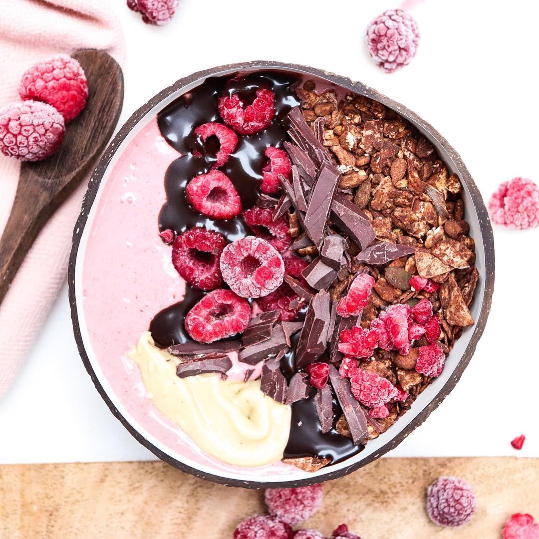 Raspberry & Strawberry Smoothie Bowl with Cacao Granola