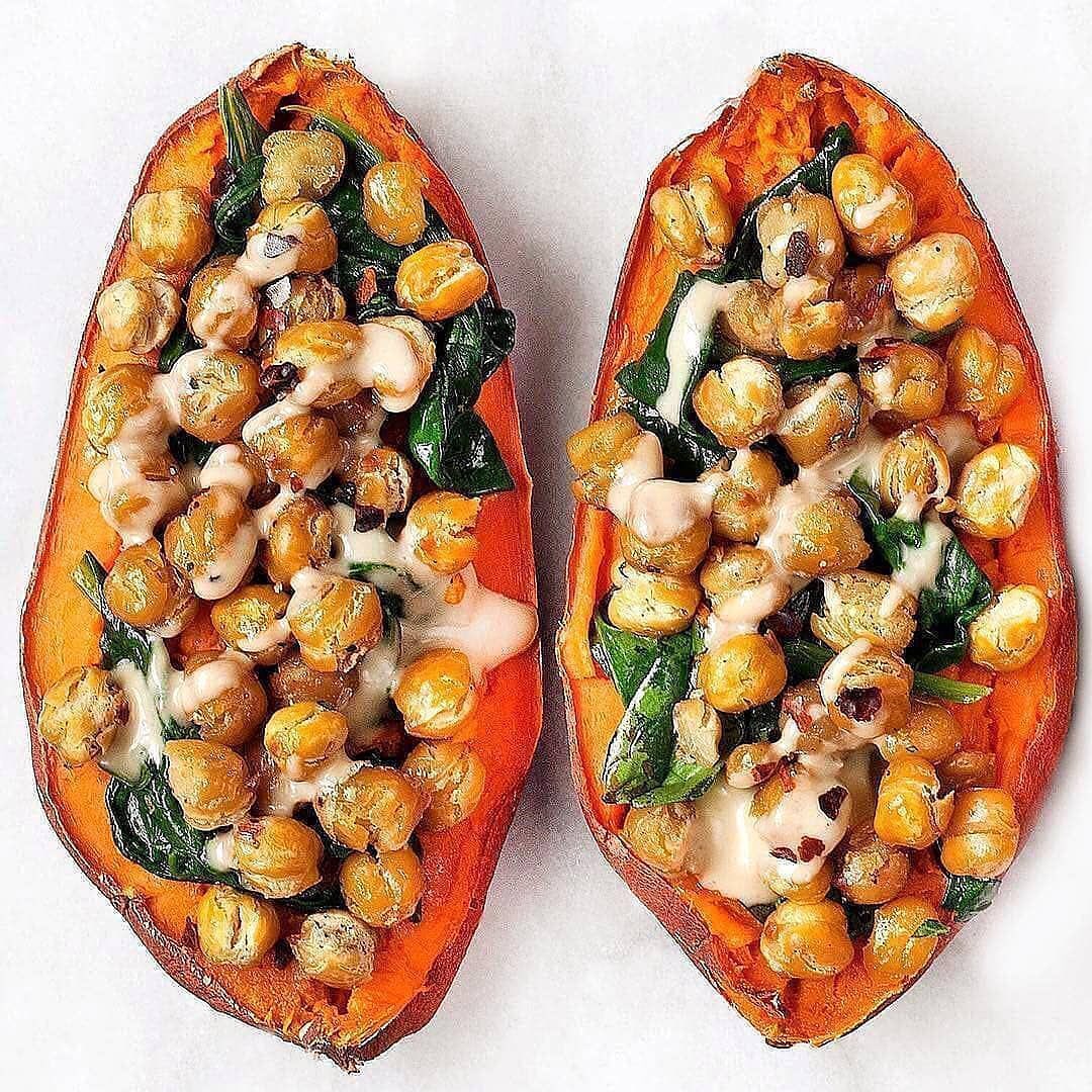 Chickpea & Spinach Stuffed Sweet Potatoes