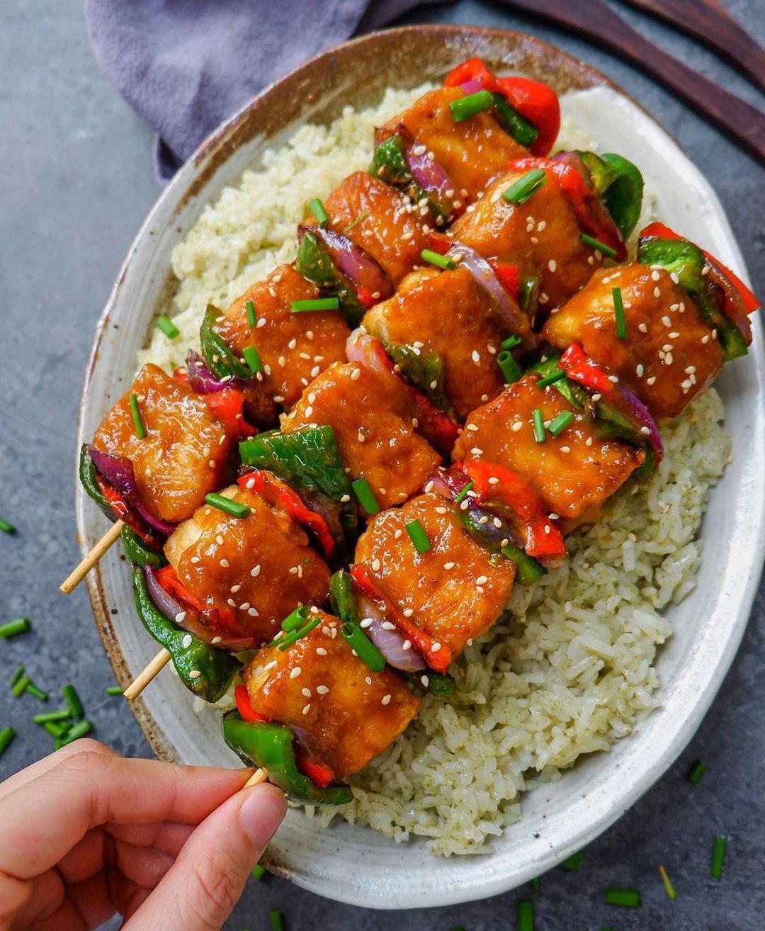 Orange Tofu Skewers with Pandan Rice