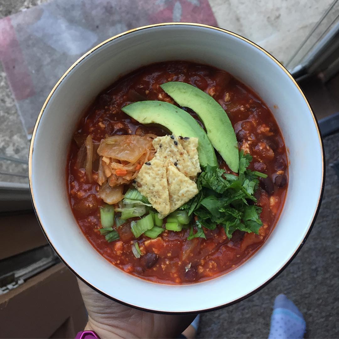 Loaded Tofu Chili with Kimchi Toppings