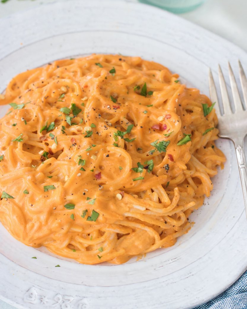 Cozy Dinner Tonight... Dairy-Free and Ultra Creamy Roasted Red Pepper Sauce Over Gluten-Free Capellini Noodles