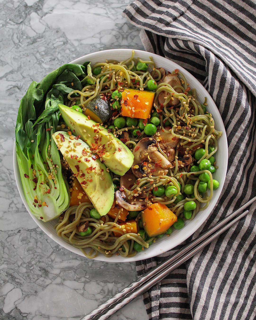 Ramen Noodles Mixed with Steamed Kabocha Squash, Steamed Bok Choy, Peas, and Mushrooms. I Just Used a Package