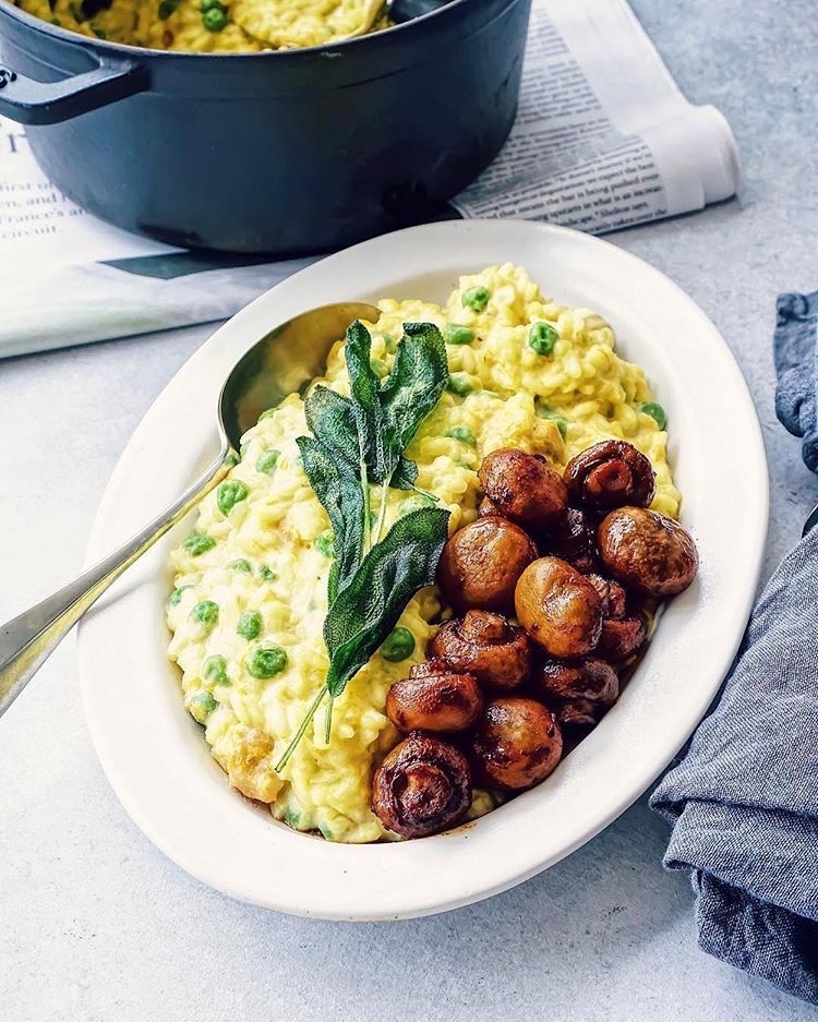 Creamy Macadamia Milk Pumpkin Risotto with Smoky Roasted Mushrooms