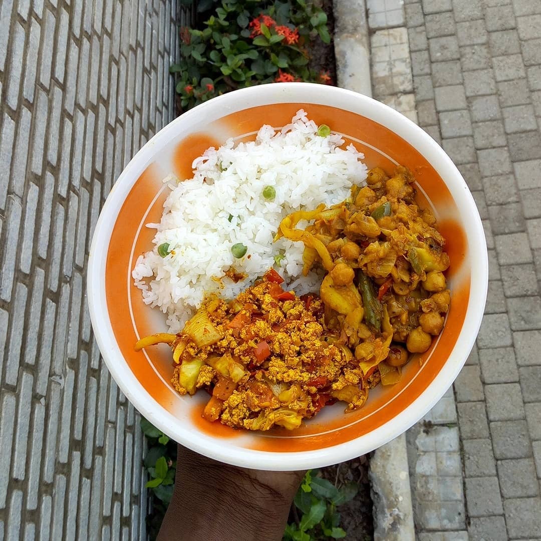 Jasmine Rice + Green Peas, Tofu Scramble and Chickpea Curry (With Sweet Potato, Coconut Milk, Baked Veggies)
