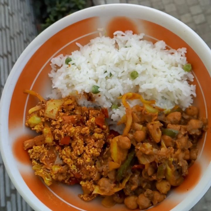 Jasmine Rice + Green Peas, Tofu Scramble and Chickpea Curry (With Sweet Potato, Coconut Milk, Baked Veggies)