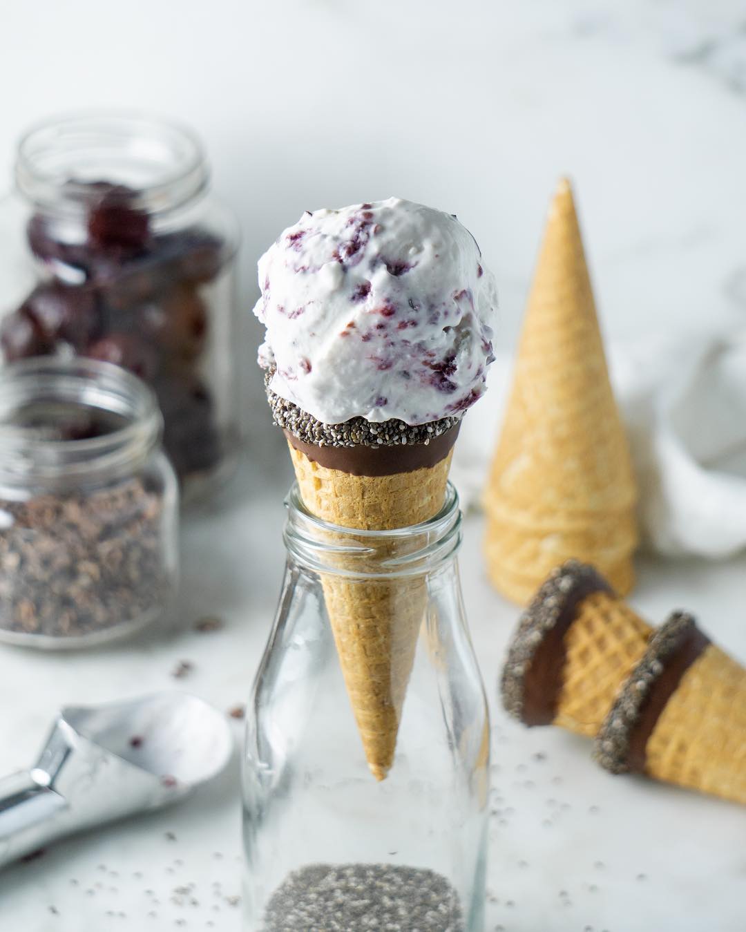 Cacao Chip Ice Cream with Cherry Chia Swirl