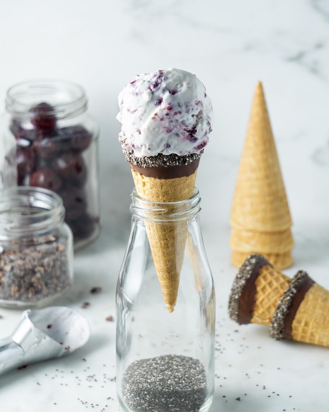 Cacao Chip Ice Cream with Cherry Chia Swirl