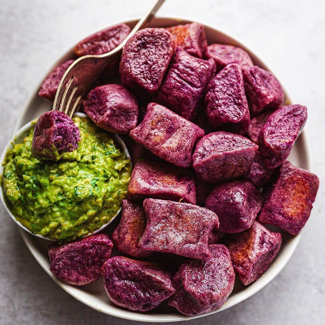 Purple Sweet Potato Gnocchi and Green Pea Avocado Pesto