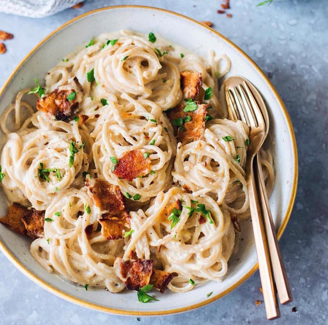 Spaghetti Carbonara with Vegan Bacon