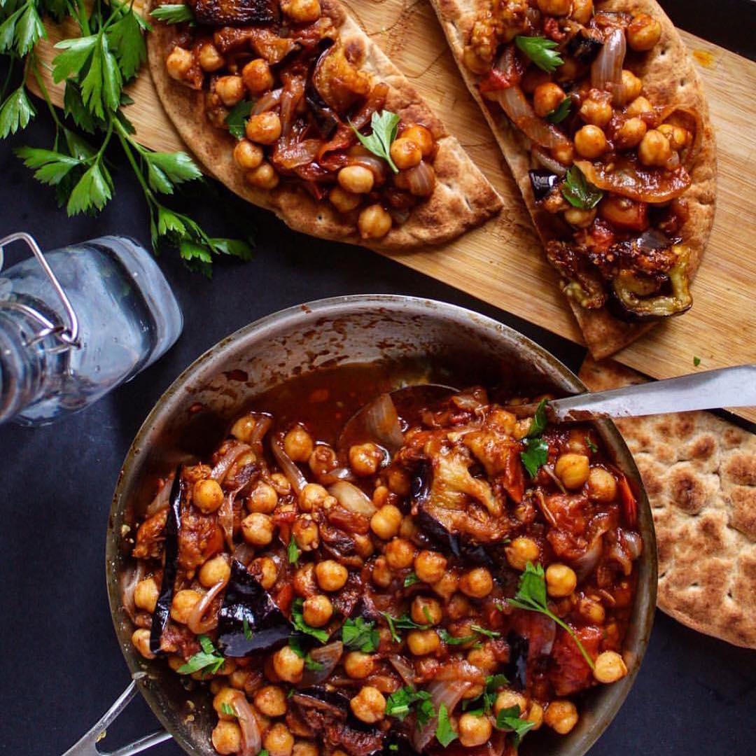Simple and Super Delicious Lebanese Stew with Grilled Eggplant, Freshly Cooked Garbanzo Beans, Onions and Tomatoes