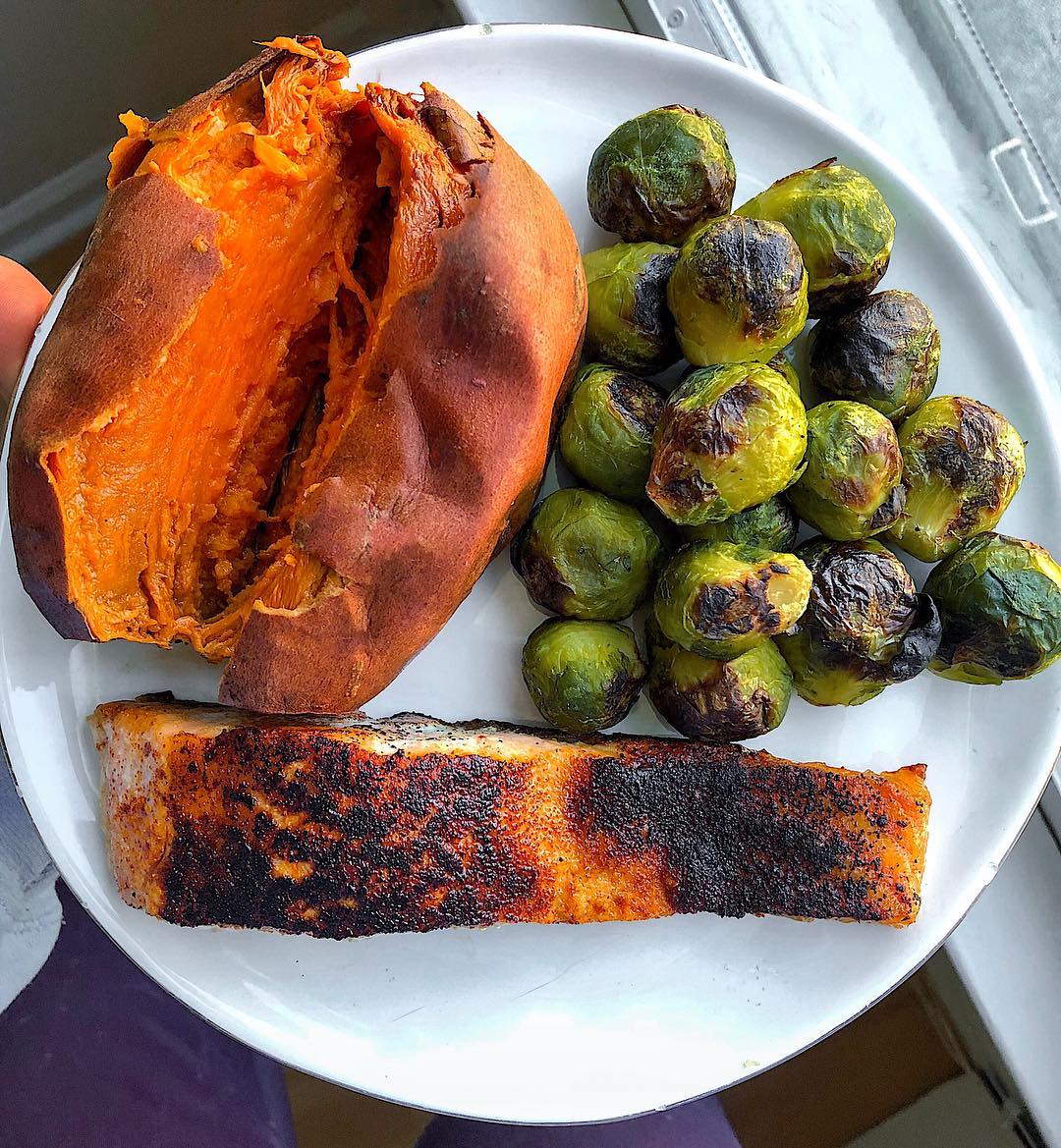 Salmon, Baked Sweet Potato, and Crispy Brussels