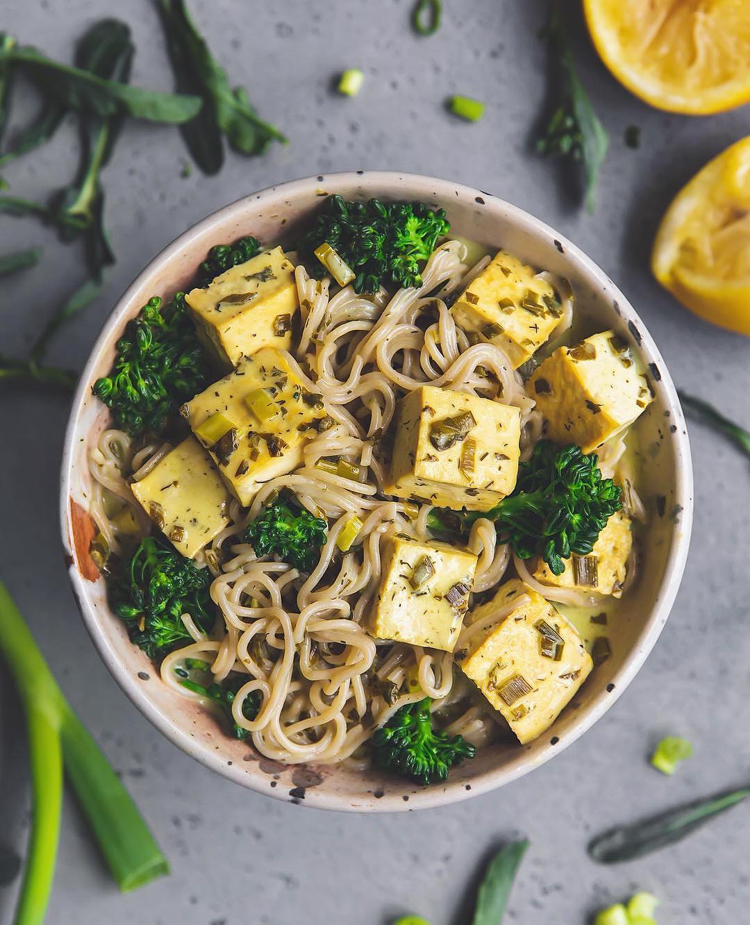 A Bowl of Creamy Lemon Herb Tofu with Ramen Noodles and Broccoli