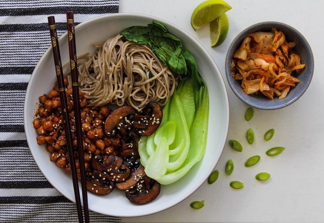 Soba Noodles with Chinese Chickpeas, Soy Mushrooms & Pak Choy & of Course with a Generous Helping of Kimchi on the Side