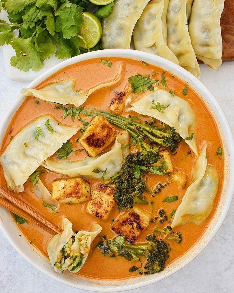 Creamy Red Curry W/ Veggie Gyozas