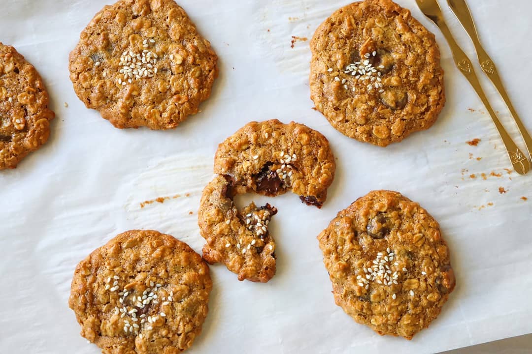 Gluten-Free Tahini Molasses Oatmeal Cookies with Chocolate Chips