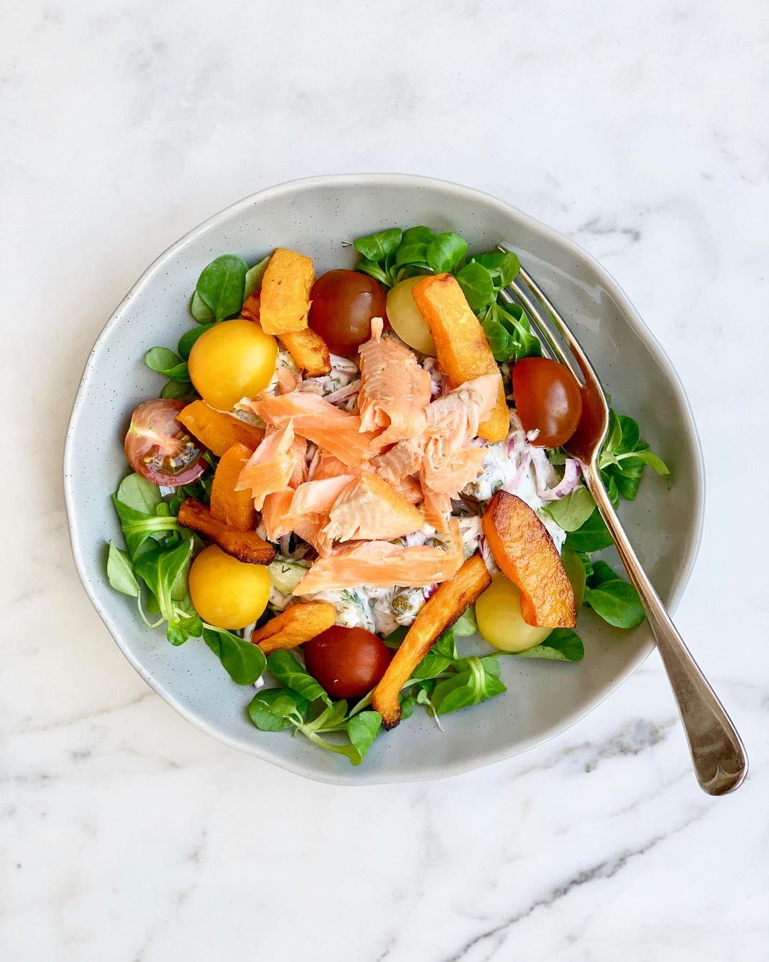 Smoked Trout, Roasted Squash and a Cucumber Dill Salad