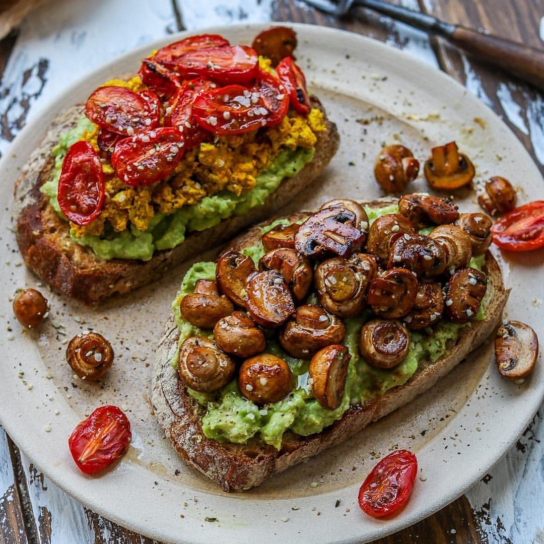 Sourdough with Mashed Avocado + Tamari Mushrooms + Tofu Scramble + Roasted Tomatoes