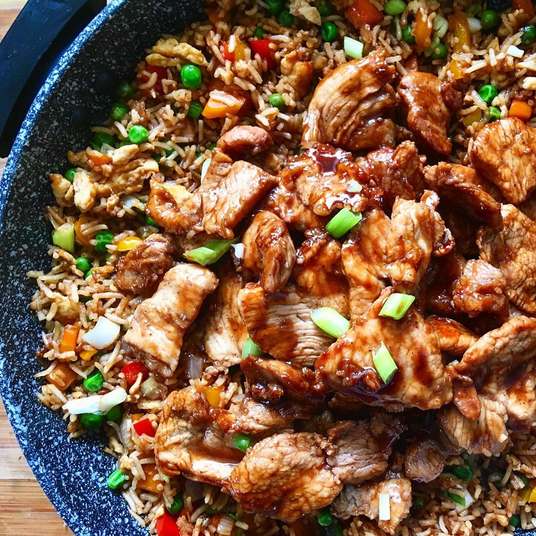 Homemade Vegetable Fried Rice with Char Sui Pork Slice Topper