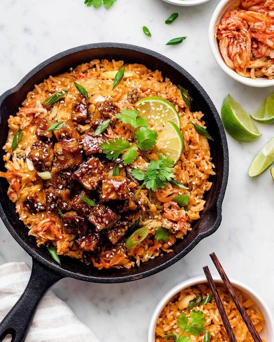 Kimchi Sriracha Fried Rice with Asian Garlic Tofu