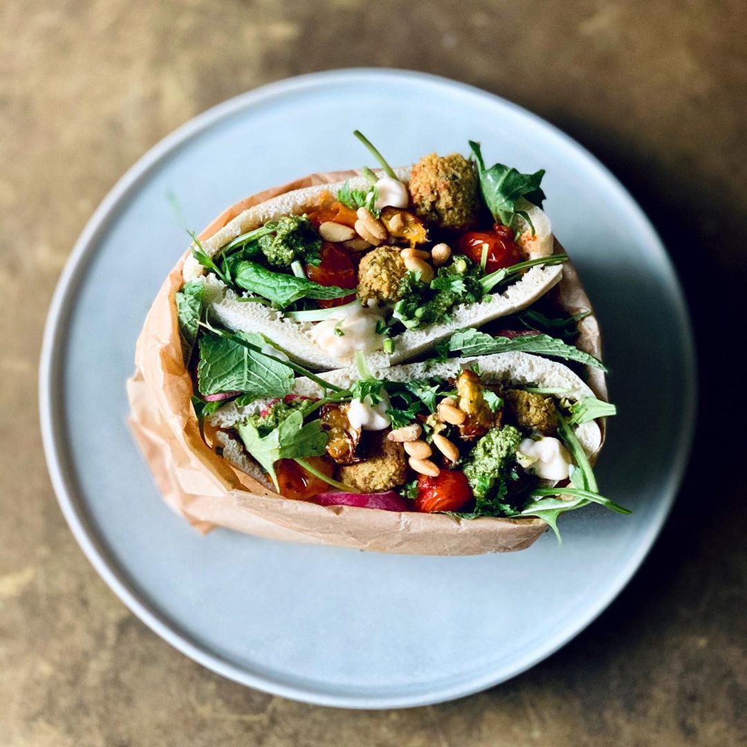 Crispy Falafel, Roast Tomato, Pickled Radish and Pesto Pita