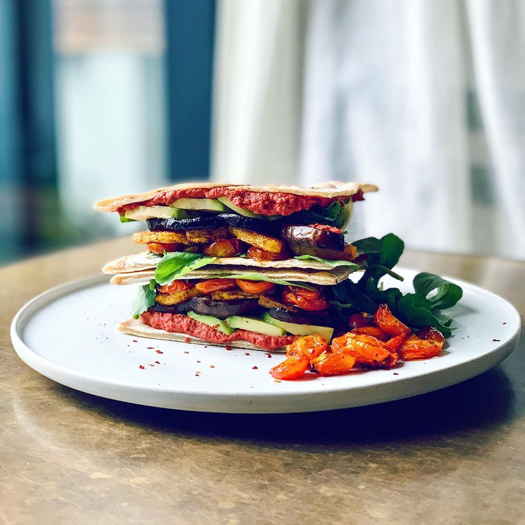 Roast Veggie Tortilla with Sumac, Beetroot & Carrot Hummus and Chilli Cherry Tomatoes