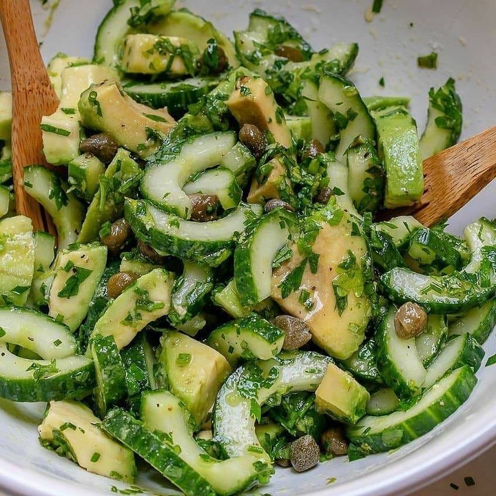 Cucumber avocado salad with fresh herbs + capers