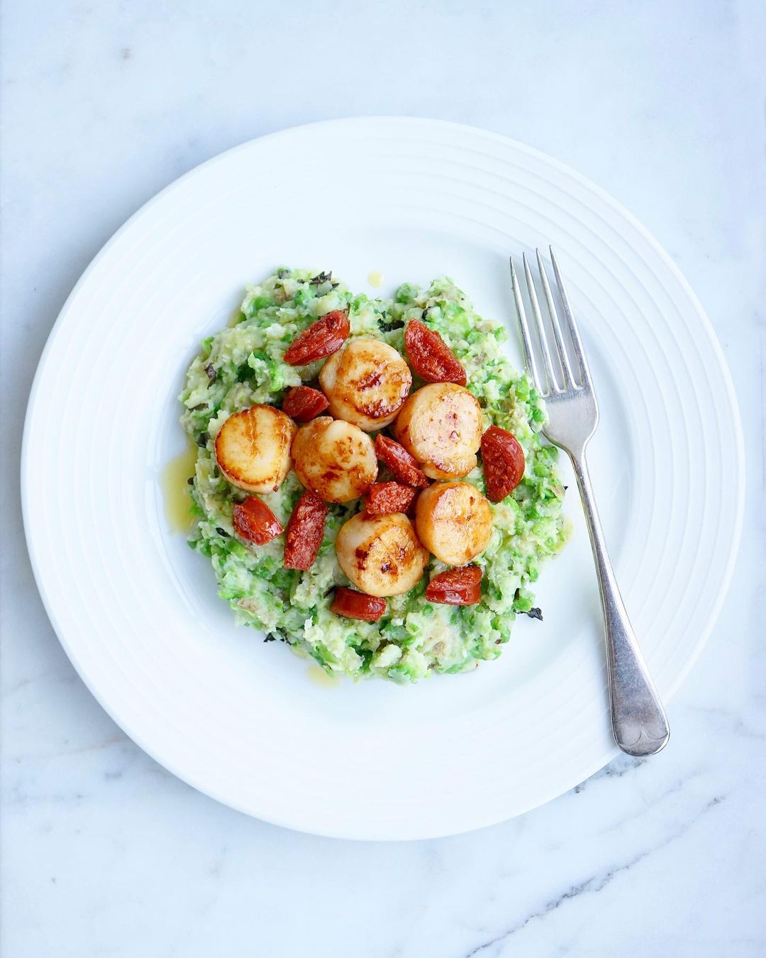 Scallops with Chorizo and Minty Pea Mash