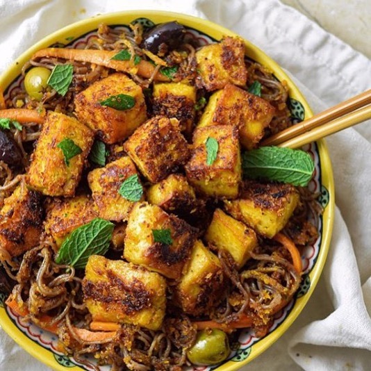 Meatlessmonday Crusted Mustard Tofu with Noodles