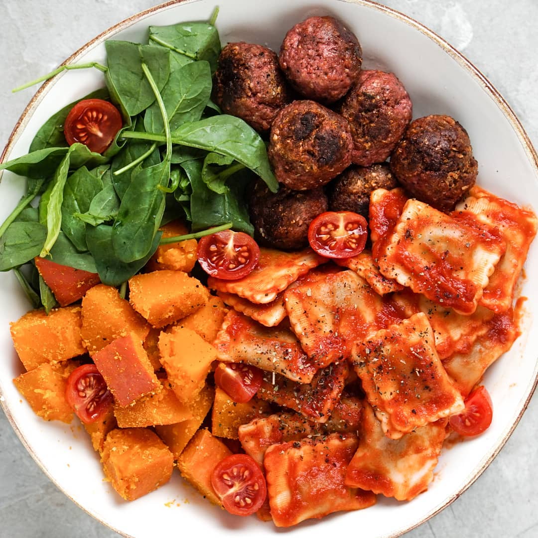 Ravioli with Pumpkin, Baby Spinach, Tomatoes and Vegan Meat Balls