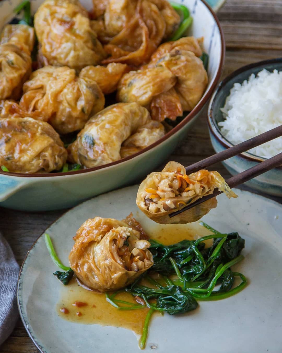 Stuffed Yuba/tofu Skin Rolls on a Bed of Spinach