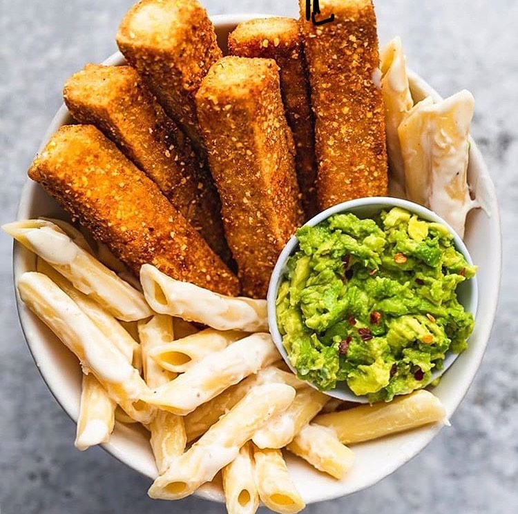 Easy Tofu ‘Fish’ Sticks with Creamy Homemade Tartar Sauce, Pasta and Avocado