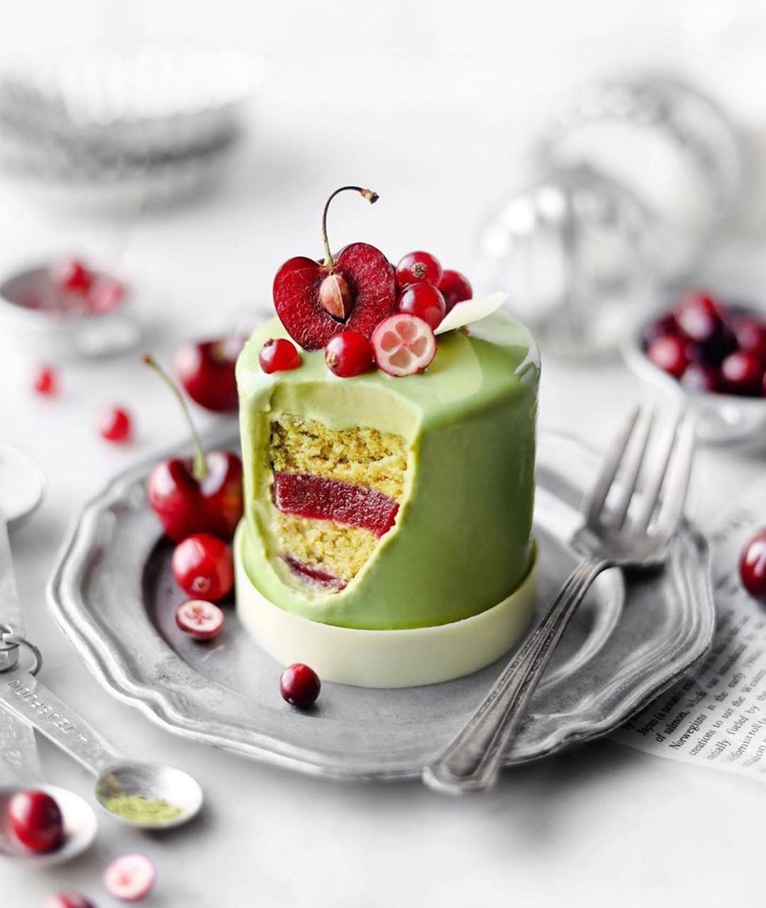 Vegan Cranberry & Matcha White Chocolate Entremet Cake