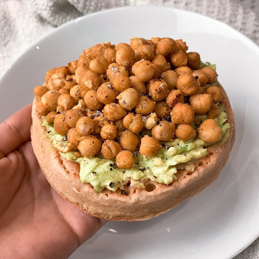 Cheezzy Roasted Chickpeas with Smashed Avo on a Giant Crumpet