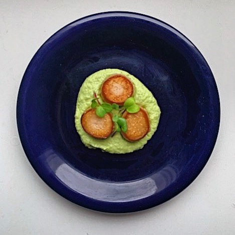 King Oyster Medallions, Edamame Purée, Microgreens