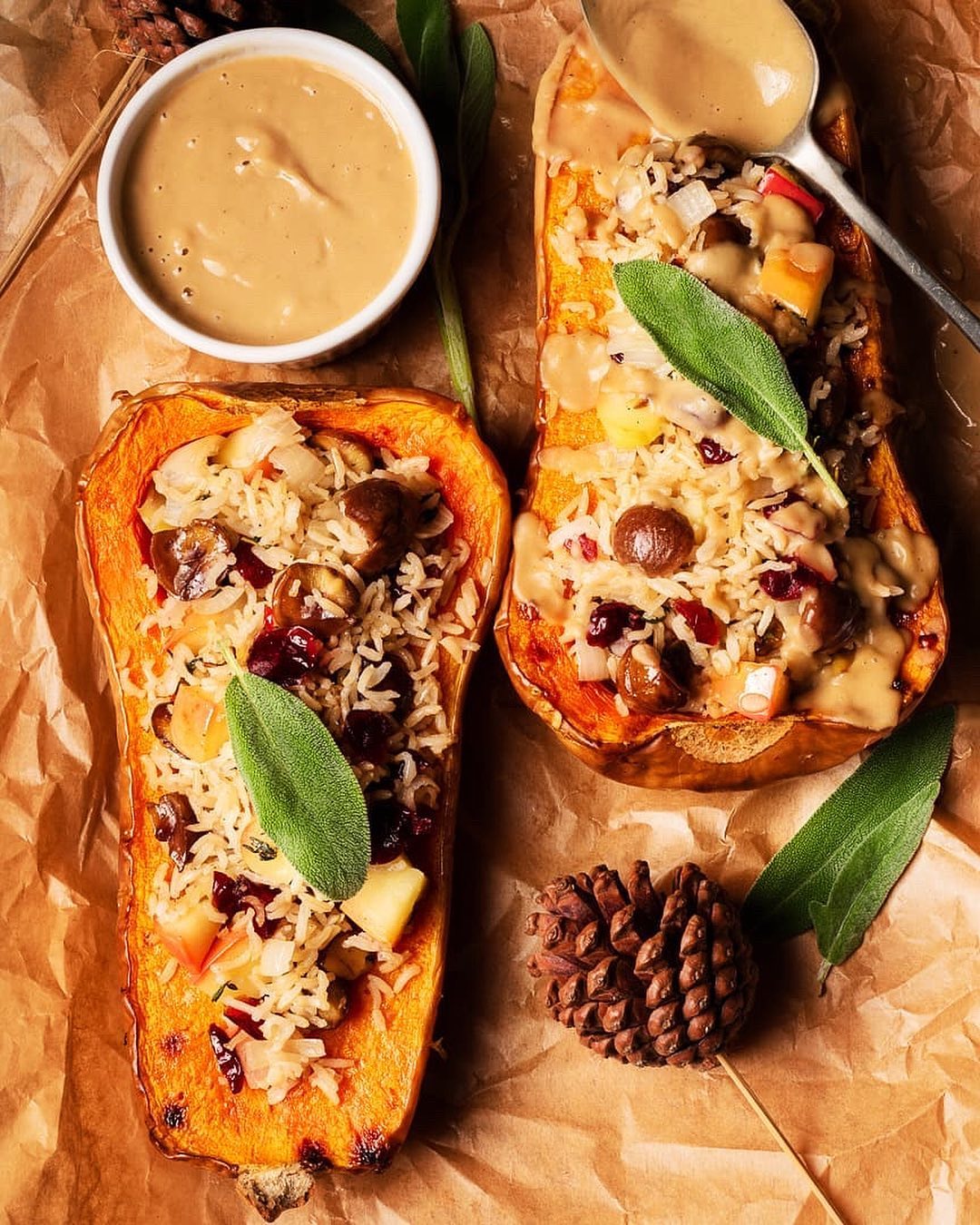 Roasted Butternut Squash with a Cranberry, Apple and Chestnut Stuffing