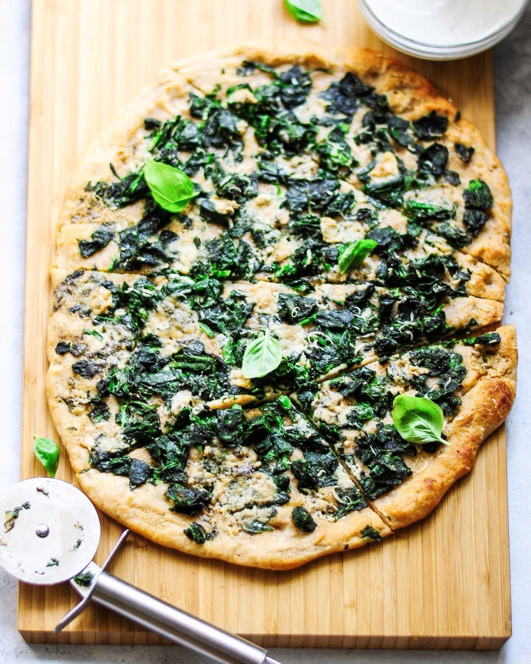 Vegan Kale- Spinach Pizza with Garlicky Cheese