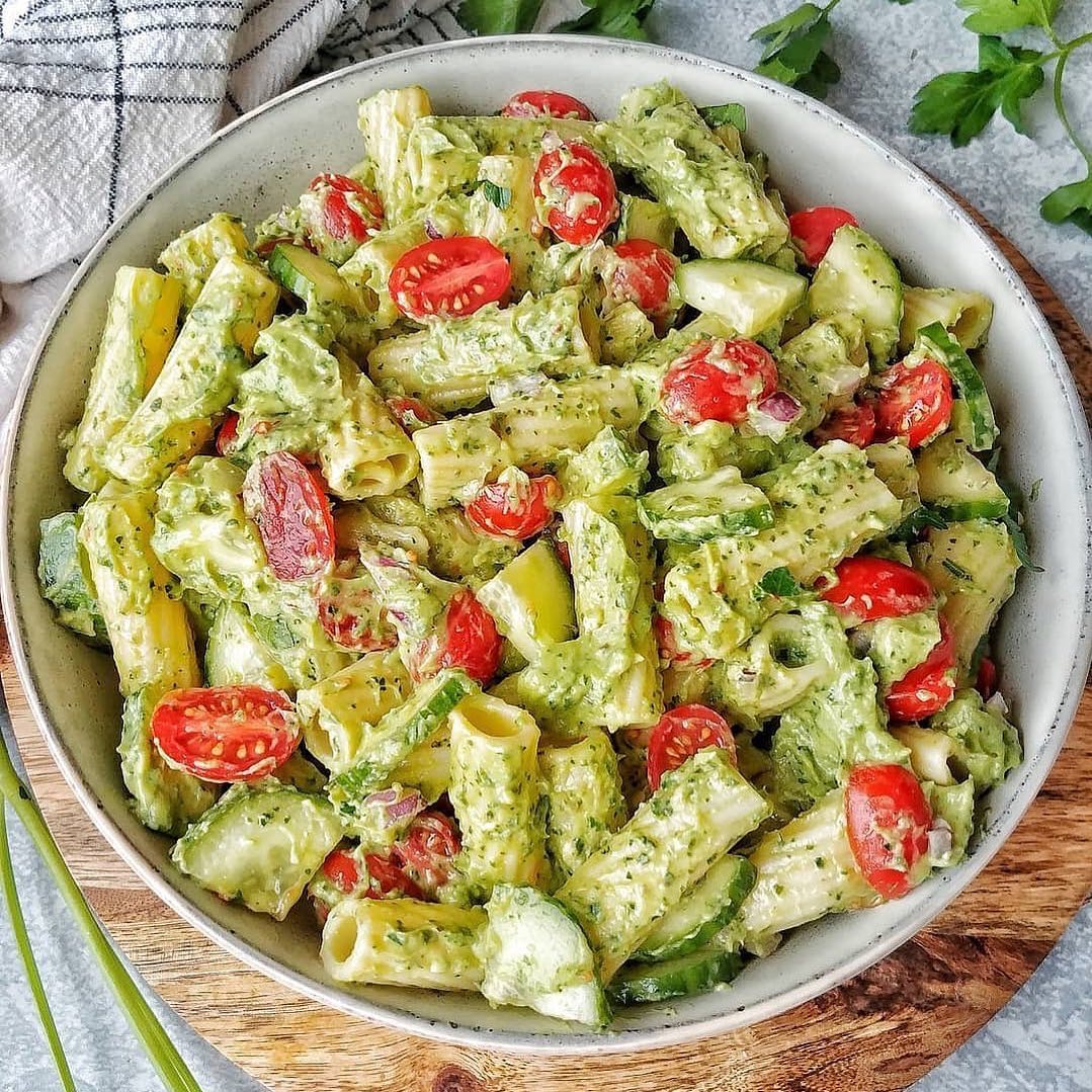 Rigatoni, Tomato & Cucumber Salad with Avocado-Parsley Pesto