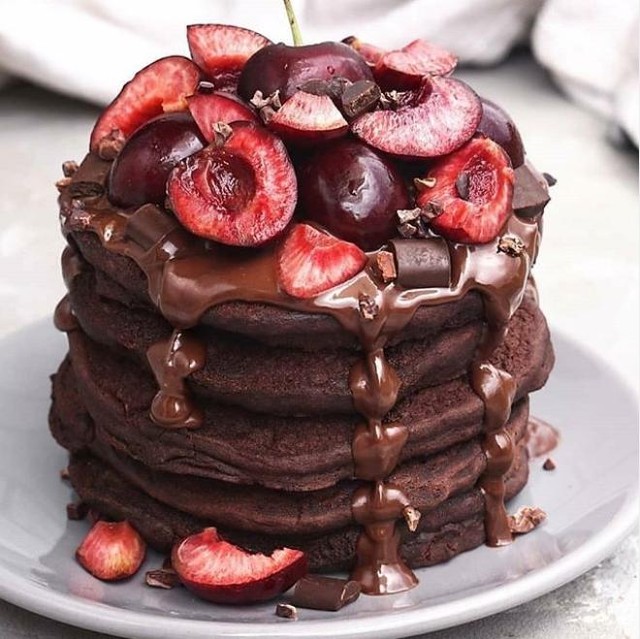 Fluffy Chocolate Pancakes with Cherries