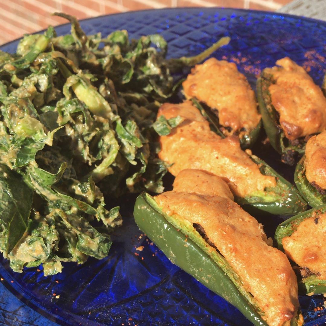 Vegan Jalapeño Poppers with a Raw Collard Green Salad