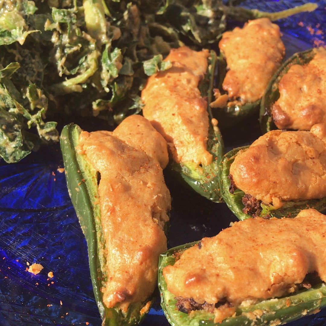 Vegan Jalapeño Poppers with a Raw Collard Green Salad