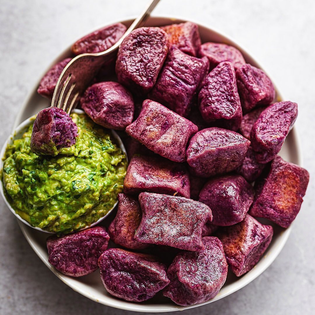 Purple Sweet Potato Gnocchi with Green Pea Avocado Pesto