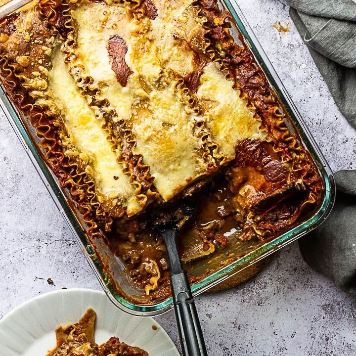 Vegetarian Lasagna with a Bolognese Italian Style Ragout and a Kind of Béchamel Sauce (Roux)
