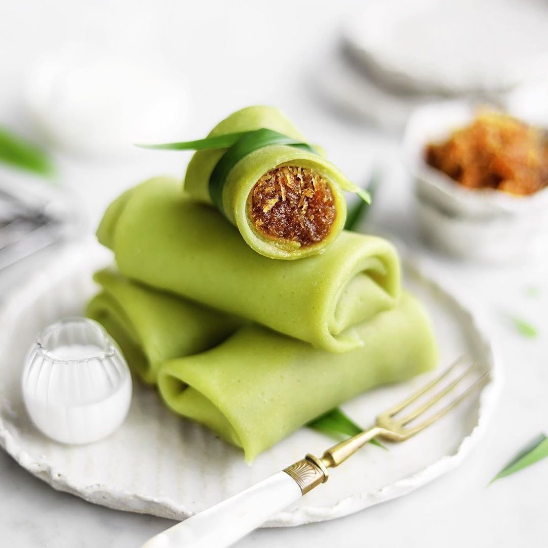 Pandan Rolled Crepes with Grated Coconut in Gula Melaka