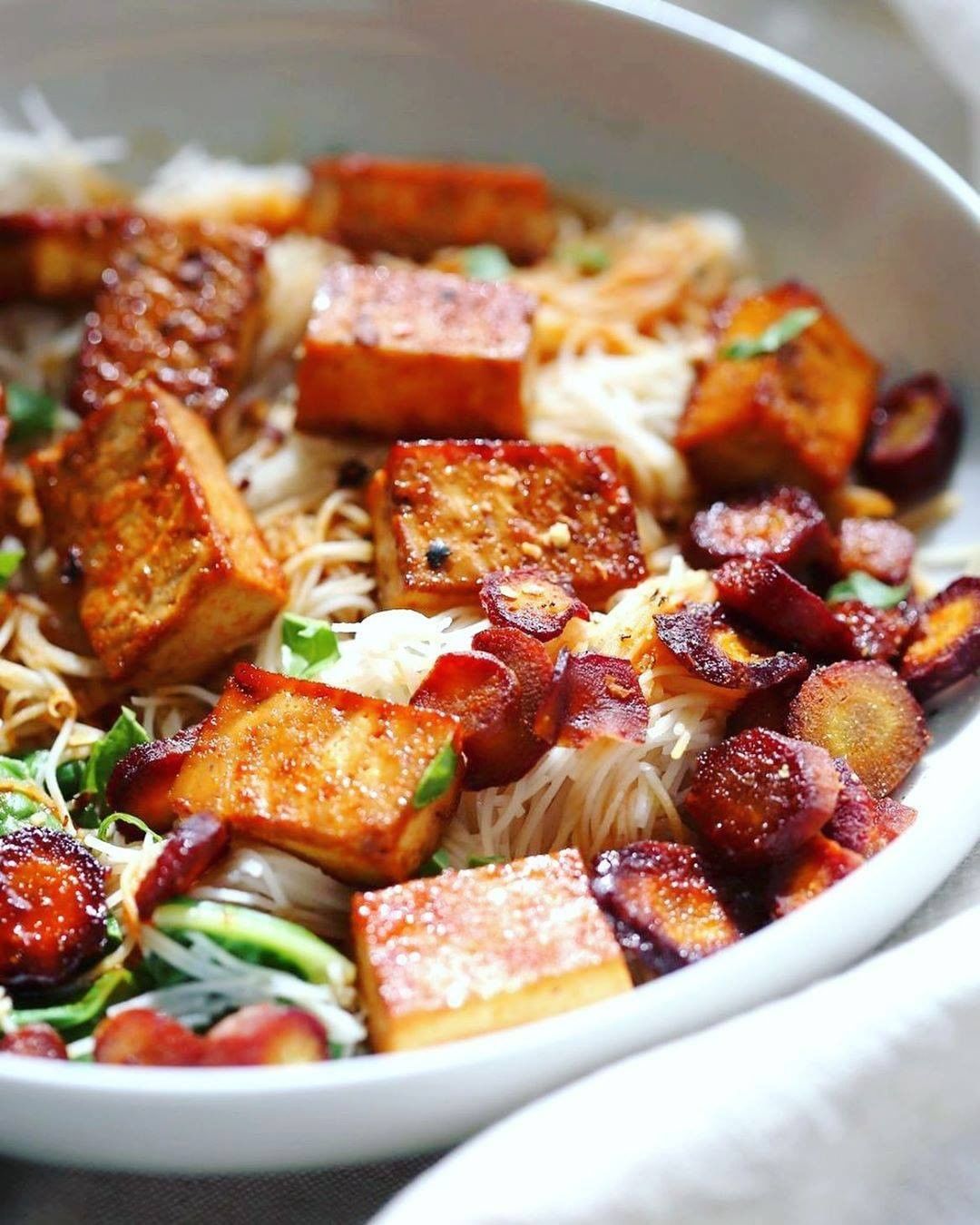 Baked Chili Garlic Tofu, Carrot, Chard and Noodle Bowls