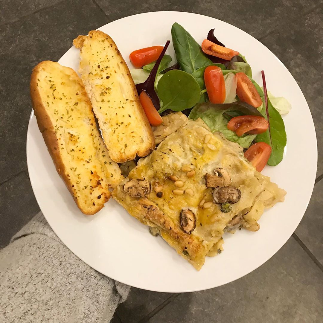 Homemade Pesto Chick’n Lasagne with G Bread and a Side Salad