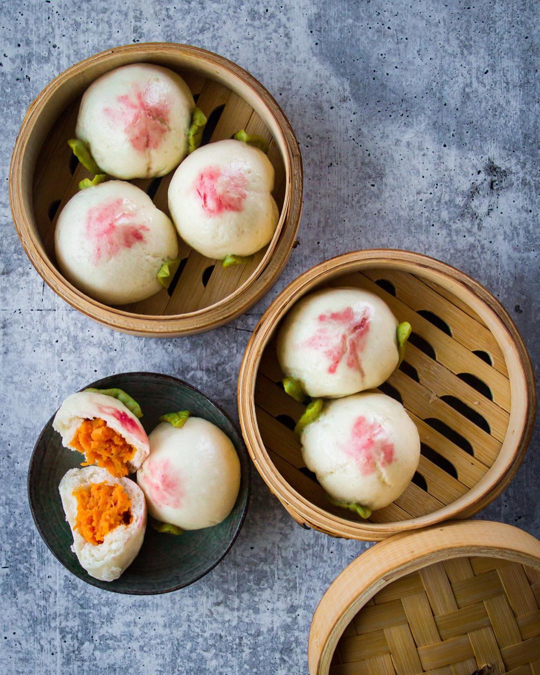 Peach Shaped Steamed Buns with Sweet Potato Filling