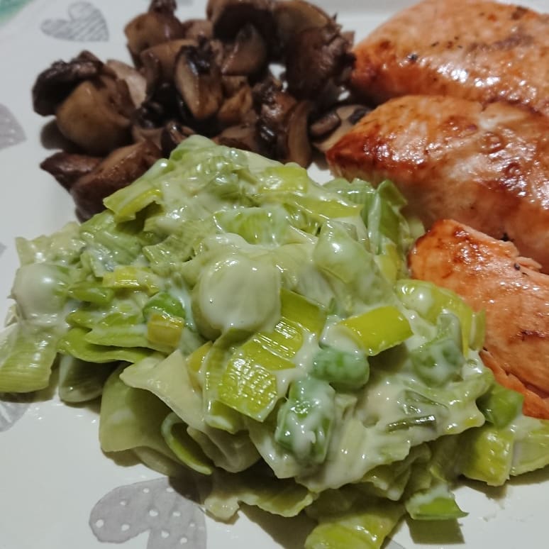 Grilled Salmon for Tonight's Dinner with Mushrooms and Cheesey Leeks.